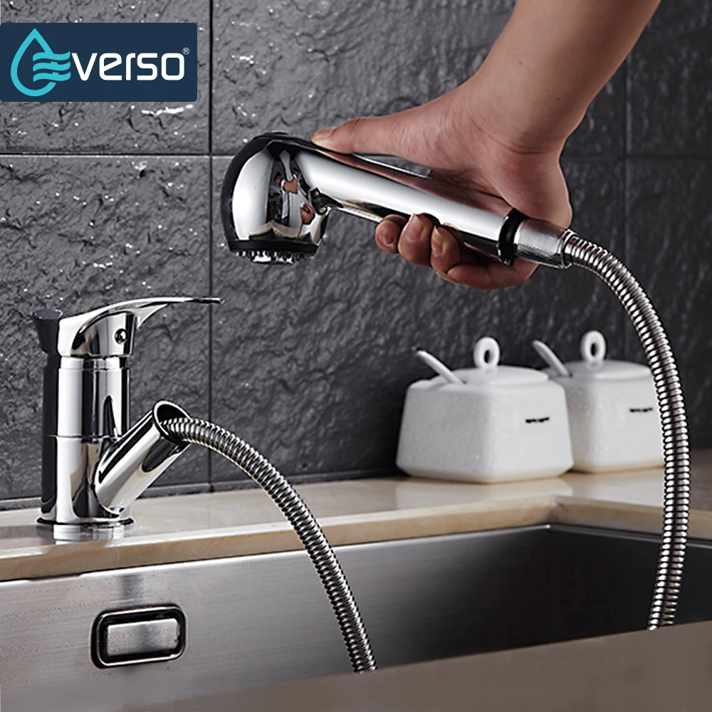 

EVERSO 360 Degree Swivel Pull Out Kitchen Faucet Water-Saving Polished black Basin Mixer Brass Tap Vessel Vanity Sink Lavatory