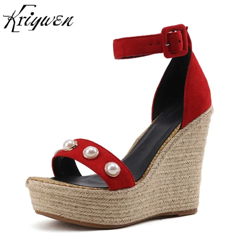 

SUMMER WOMEN SEXY PARTY SANDALS PEARL ULTRA HIGH HEELS WOMAN WEDDING SHOES CONCISE WEDGES PLATFORMS RED BLACK DRESS FOOTWEAR
