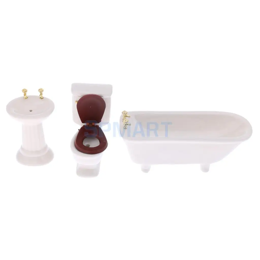 3Pcs 1/12 Scale Dollhouse Miniature White Ceramic Bathroom Bathtub Set Furniture Decoration Dolls Accessory Pretend Play Toys
