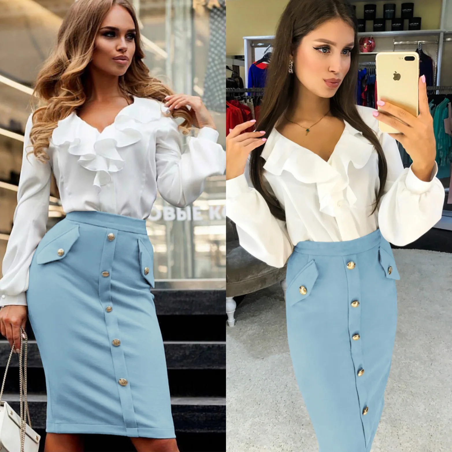 light blue LOGAMI юбка-карандаш с высокой талией и пуговицами, женская сексуальная юбка миди, женская тонкая юбка на весну и лето - Цвет: light blue