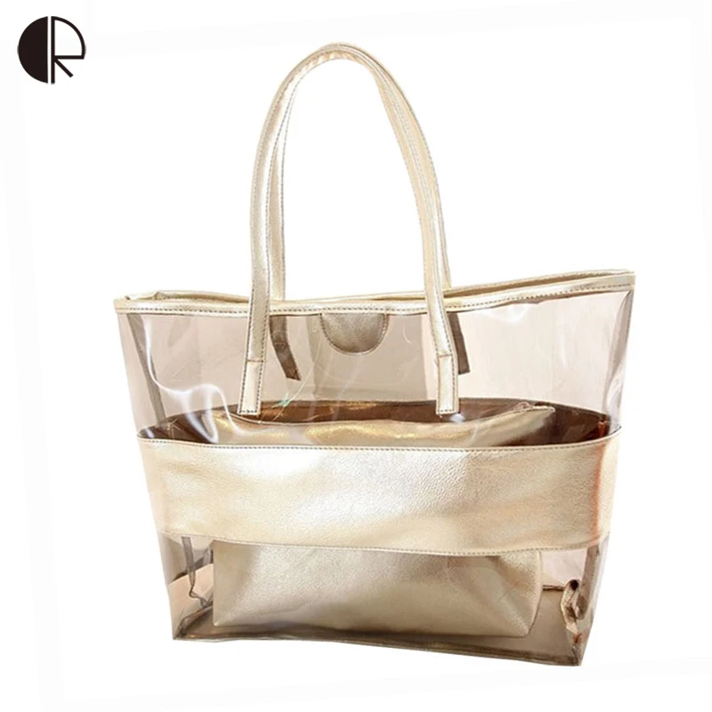 Summer Hot Candy Colors Pvc Bags Fashion Composite Transparent New Women Color Block Transparent Bags Summer Package Beach Bag Jelly Crystal Shoulder S