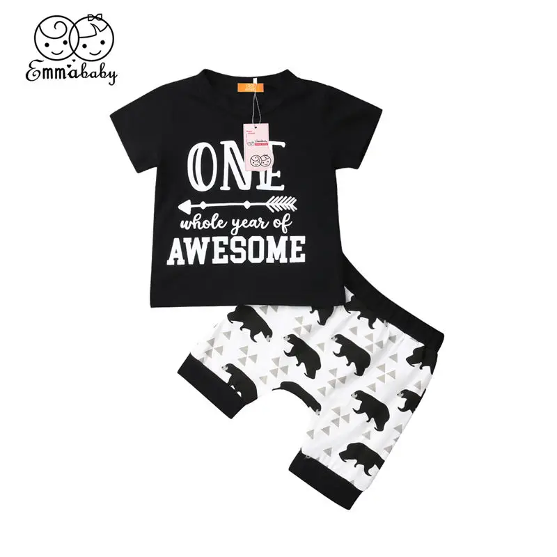 Одежда для малышей комплект одежды для мальчиков для новорожденных детская одежда мой первый день рождения футболки милый медведь шаровары Летняя одежда для малышей Комплект - Цвет: Черный