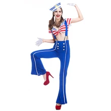 H& ZY женский сексуальный костюм моряка в форме корабля, полосатый топ, синие расклешенные брюки, Темно-Синяя Униформа с синей полосой, шляпа для вечеринки, нарядное платье