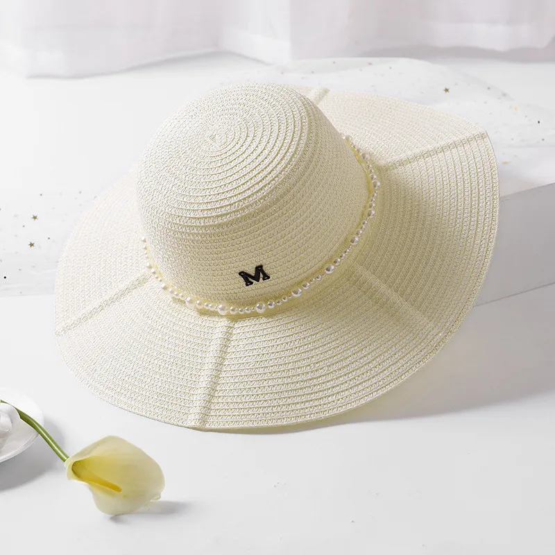 WEEKEND SHOP Straw hat Summer Spring Womens Trip caps Leisure Pearl Beach Sun Hats M Letter Breathable Flower Beige 5