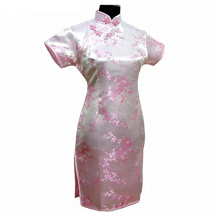 Черное традиционное китайское платье Mujer Vestido Женские атласные Qipao Мини Cheongsam цветочный размер S M L XL XXL XXXL 4XL 5XL 6XL J4039 - Цвет: Light Pink - Short