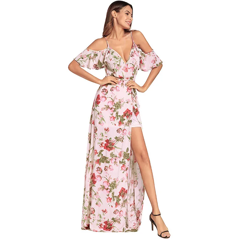 

Women Fashion Party Dresses Ruffles Swallowtail Dress 2018 Sexy Sling V-Neck Backless Slim Floral Print Maxi Dress Robe Femme