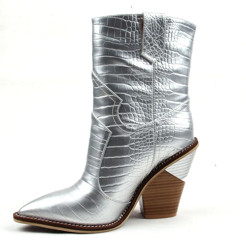 Модные женские ковбойские ботинки; женская обувь; зимние ковбойские ботильоны в западном стиле; женская обувь из искусственной кожи с острым носком, расшитая блестками - Цвет: Серебристый
