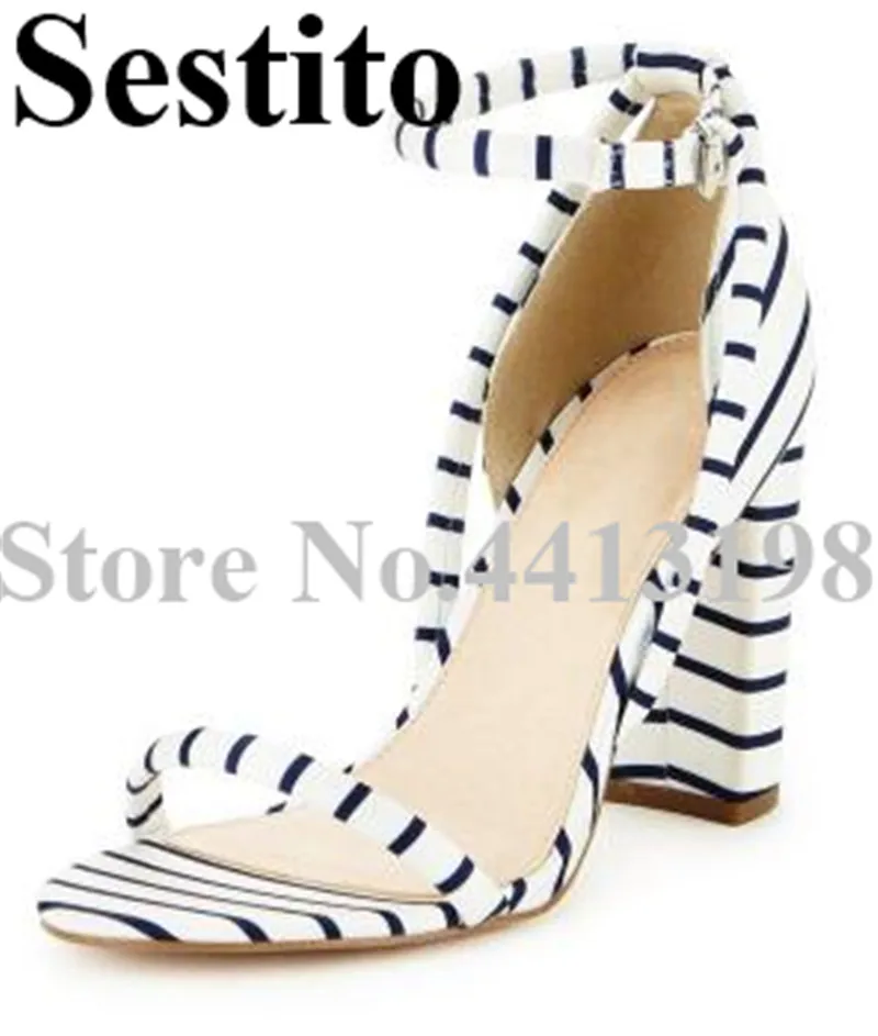 

2019 European Black and White Stripes Peep Toe Sandals Super High Hoof Heels Sandals Ankle Buckle Strap Cover Heel Women Shoes