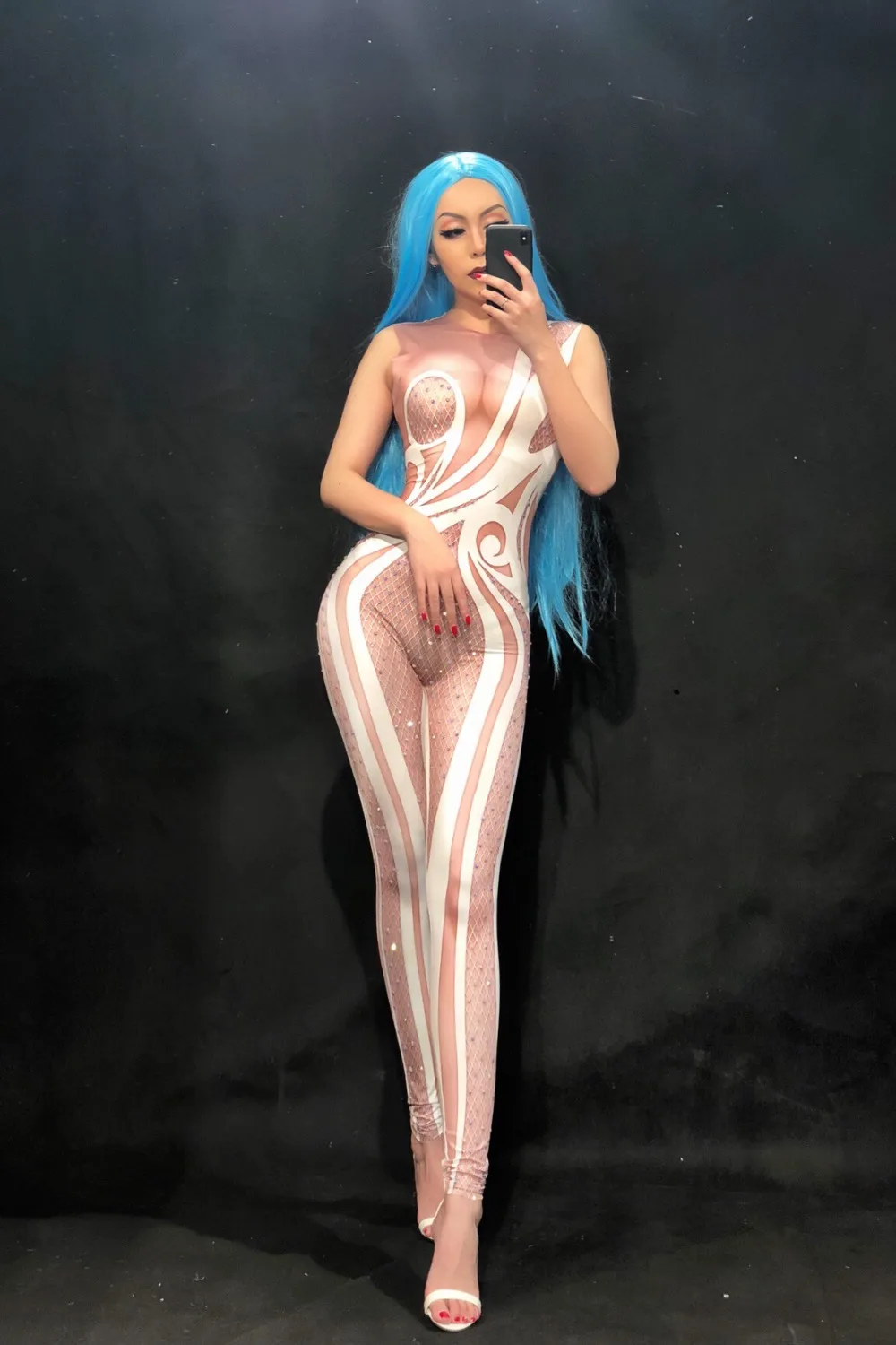 

Women New White Flower Printing Sparkling Rhinestone Sexy Sleeveless Jumpsuit Nightclub Party Bodysuit Stage Wear Singer Dancer