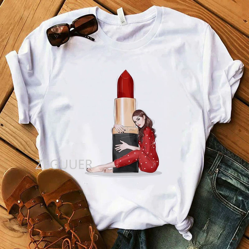 

Red Lipstick Shirt Women Lipsticks Lover Luxury T Shirt Girl Pure Cotton Summer Tees Lady Perfumer Harajuku Casual T-shirt Gift