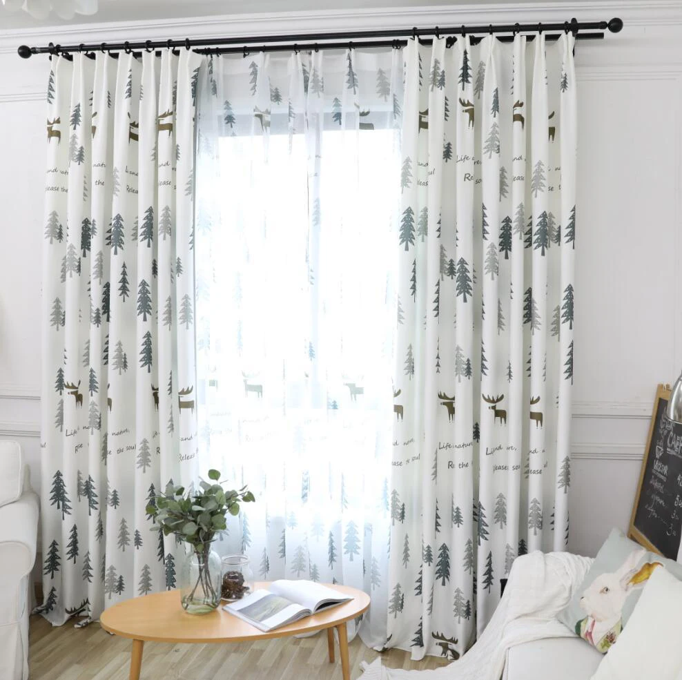 Cortinas opacas de bosque de pino verde Simple moderno para sala de estar de dibujos animados lindo ciervo para los tratamientos de ventana de dormitorio de los niños AH8