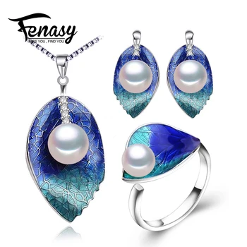 

FENASY Pearl Jewelry sets 925 Sterling Silver stud earrings,natural Pearl leaf necklace for women love Cloisonne earrings ring