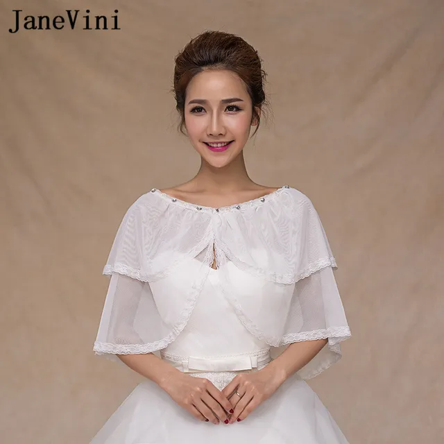 Price JaneVini 2018 Vintage Lace Edge Wedding Jackets Women Short Cloak Shrugs Beaded Bridal Capes Wraps Party Wedding Shawl White
