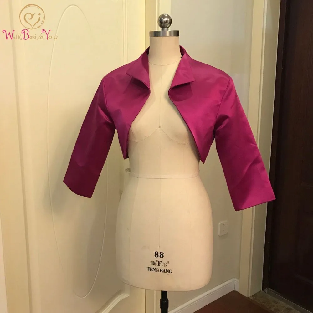 Walk Beside You Fuchsia Bolero Women Party Cape 3/4 Sleeves Shrugs Satin Bridal Jacket Bolero Feminino Adulto Custom Made 2023