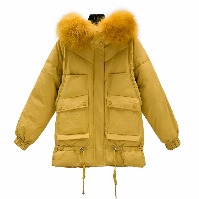 

Faux Fur Parkas Yellow Down Short Jacket Womens Parkas Thicken Outerwear Hooded Winter Coat Female Pocket Cotton padded Jacket
