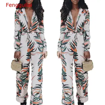 

Women Jumpsuit 2020 Autumn Wide Leg Trouser Women Sexy V Neck Printed Long Sleeve Holiday Bodycon Casual Jumpsuit Slim Romper