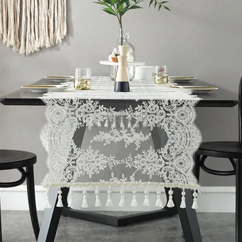 

White Embroidery Table Runner Elegant Lace Tableware for Dining Room Restaurant Cafe Wedding Party Event Catering Decoration P11
