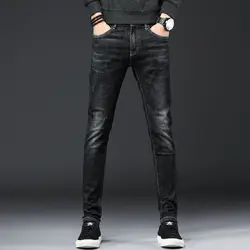 Новая корейская мода; Слим, потертые, кошачьи Мужские джинсы из хлопка весенние Стрейчевые прямые брюки