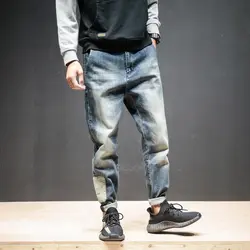 Для мужчин s джинсы потертые джинсы Jogger большой карман хип-хоп свободные джинсовые штаны-шаровары в стиле ретро синий эластичные джинсы Для