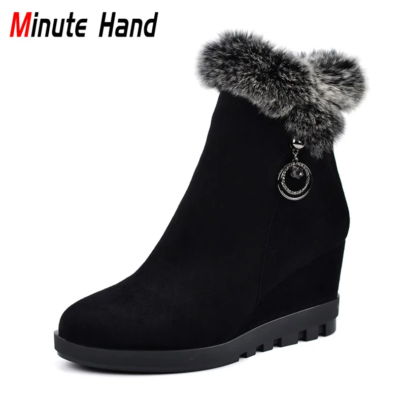 

Minute Hand Luxury Rabbit Hair Snow Boots Women Fashion Wedge Heels Ankle Boots Side Zipper Female Winter Thick Plush Warm Shoes