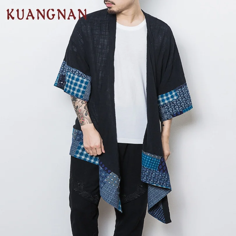 KUANGNAN Chinese Kimono Cardigan Men Long Linen Black Kimono Cardigan