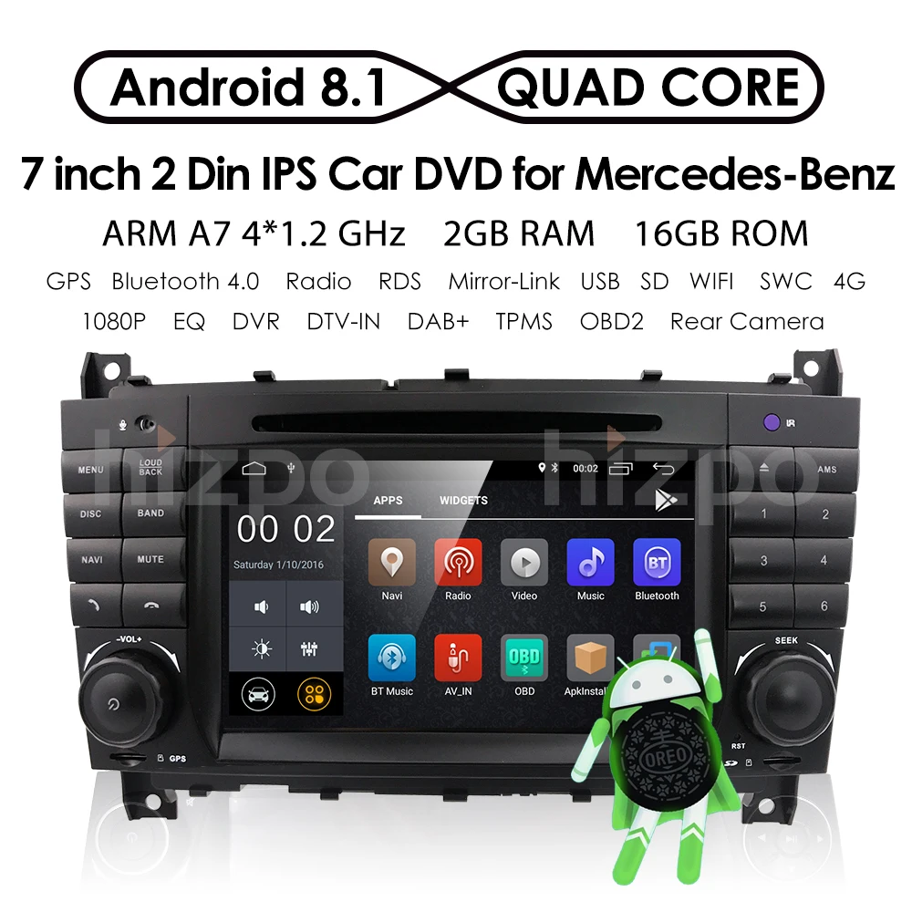 Perfect 2G RAM 16G ROM Android 9.0 7" Car DVD GPS For Mercedes/Benz W203 W209 W219 A-Class A160 C-Class C180 C200 CLK200 dab Free Camera 1