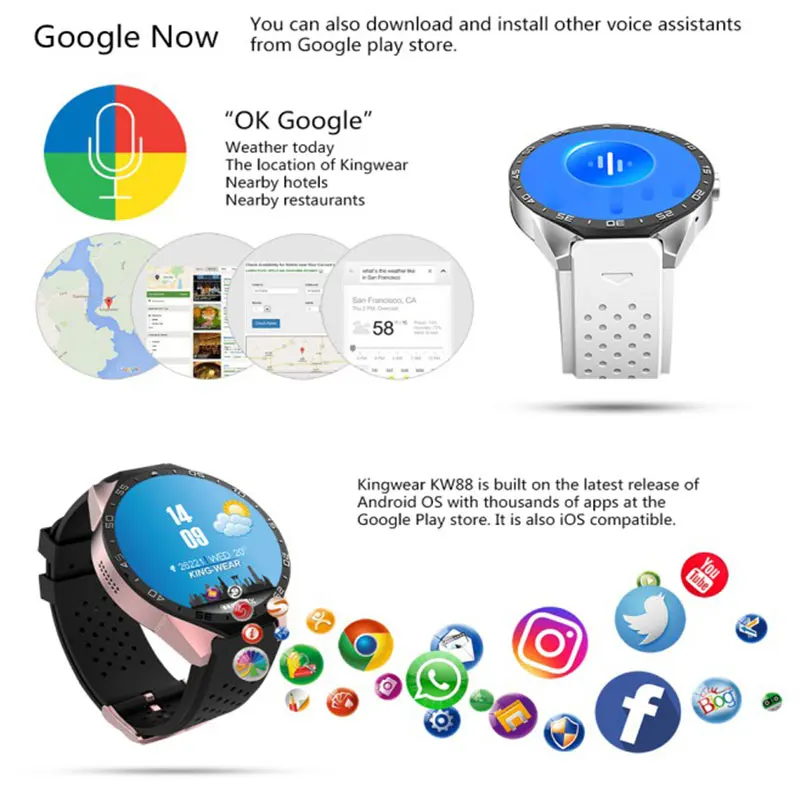 Kingwear bluetooth Smart Watch KW88 MTK6580 Support Wifi GPS 3G Heart rate SIM HD camera Luxury smartwatch kw88 For IOS Android