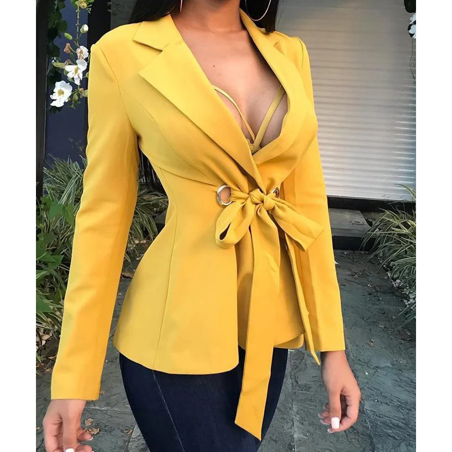 

Bandage Bow Women Business Suits Fashion Office Work Yellow Thin Blazers OL Cardigan Outfit Tops Feminino Outwear Overall M0510