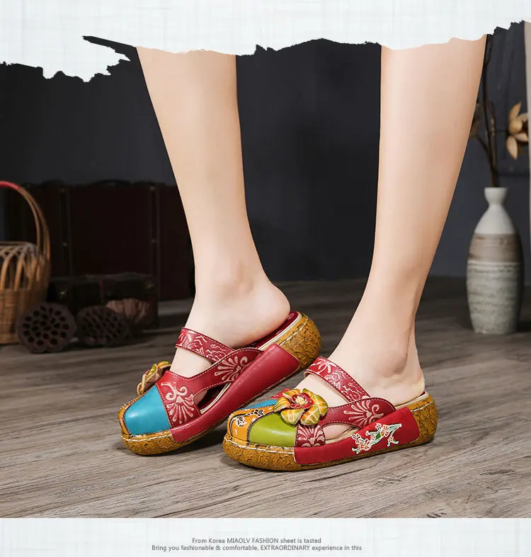 Тапочки с цветочным принтом; обувь из натуральной кожи; шлепанцы ручной работы; женские сабо на платформе; женские шлепанцы размера плюс