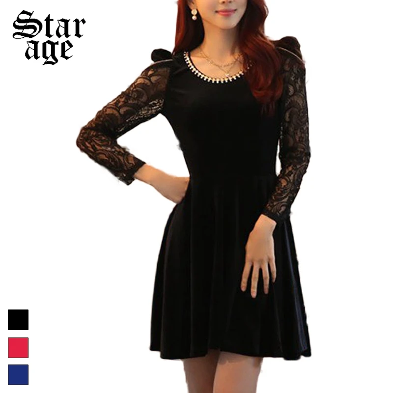 

M-XXXL Brand Ladies Elegant Diamond Beaded Lace Long Sleeve Pleated Dresses Autumn Winter Plus Size Women Clothing 9822