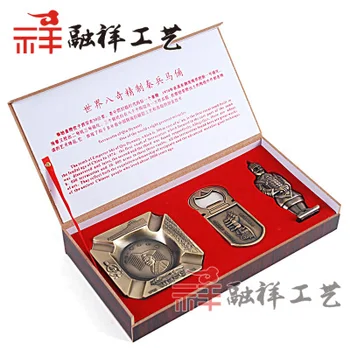 

Terra-cotta warriors three pieces set lighter ashtray goblet gift souvenir small Chinese characteristics statue home decoration