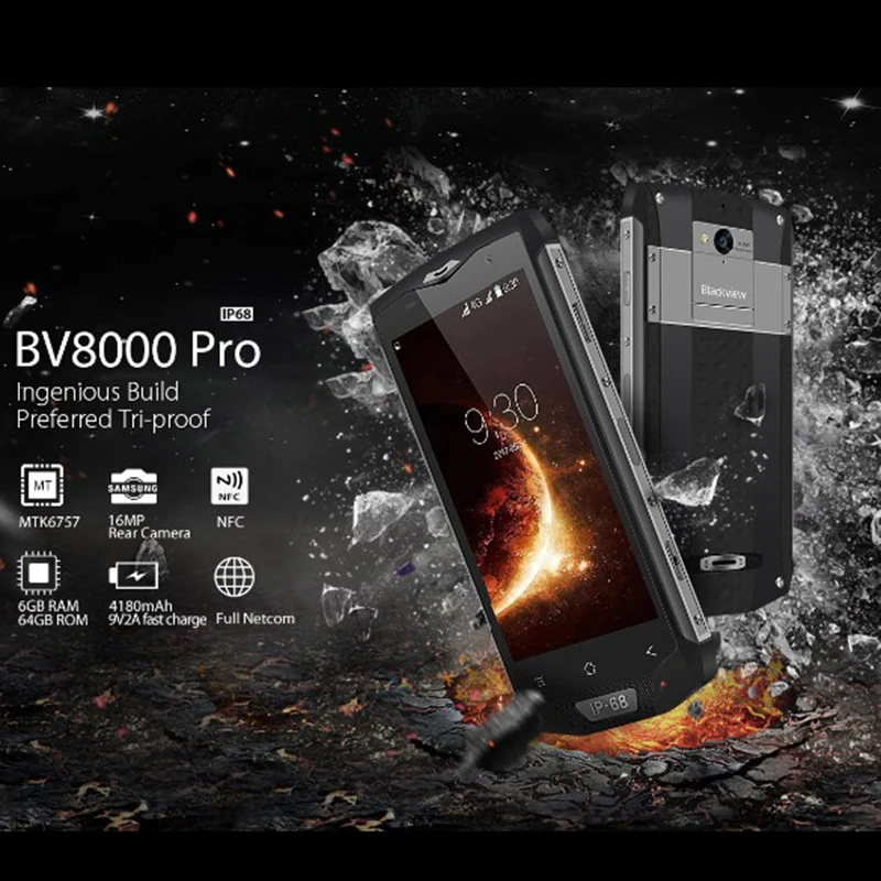 Blackview BV8000 Pro смартфон Водонепроницаемый MT6757 Восьмиядерный 6 ГБ Оперативная память 64 ГБ Встроенная память отпечатков пальцев Dual SIM мобильный телефон 16.0MP Камера NFC