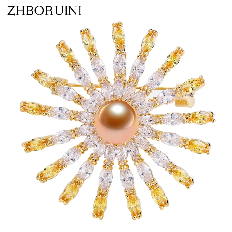 

ZHBORUINI Natural Freshwater Pearl Brooch Austria Crystal Gold Round Brooch Pin Pearl Jewelry For Women Accessories Dropshipping