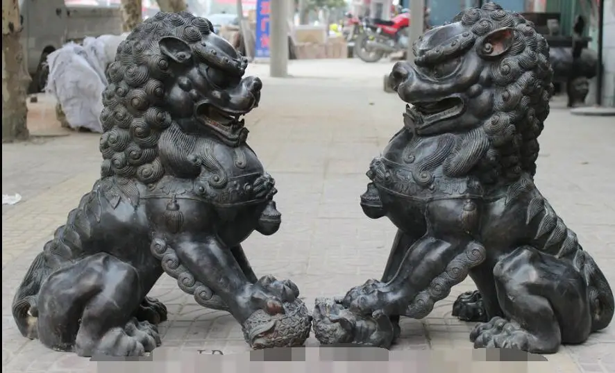 

S00800 25" Chinese Bronze Copper Guardian Phylactery Door Foo Fu Dog Lion Statue Pair B0403