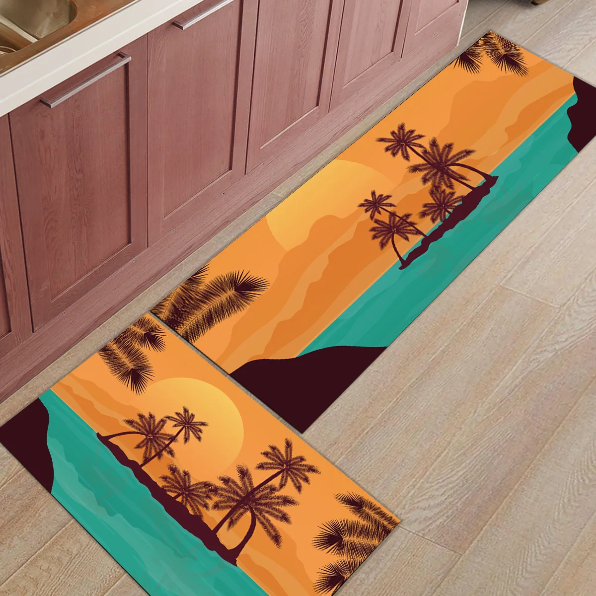 

2 Piece Kitchen Mats and Rugs Set Modern Coconut Tree Beach Home Deocr Non Skid Area Runner Doormats Carpet