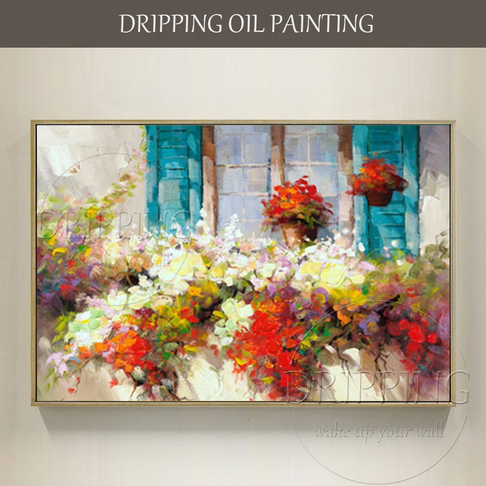 

Excellent Artist Hand-painted High Quality Modern Wall Art Windows Floral Oil Painting on Canvas Flower Oil Painting for Kitchen