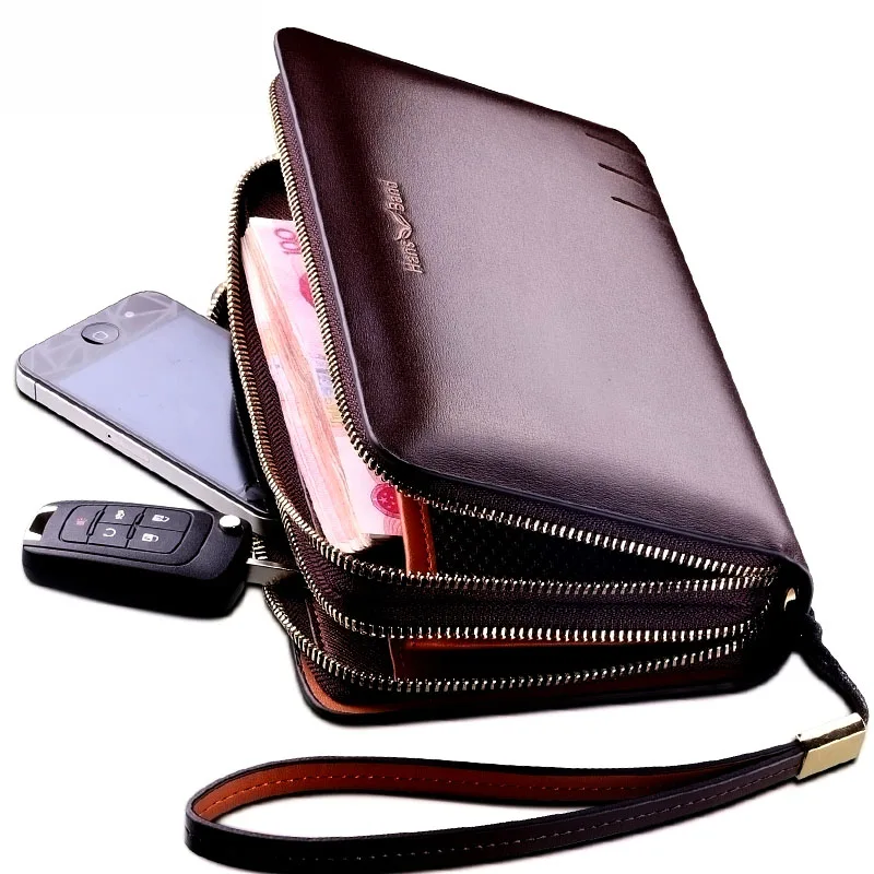 

New Brand Split Leather Men's Clutch Bags Business Handbags Double Zipper Large Capacity Phone Wallet Hand Bags Clutch Purse