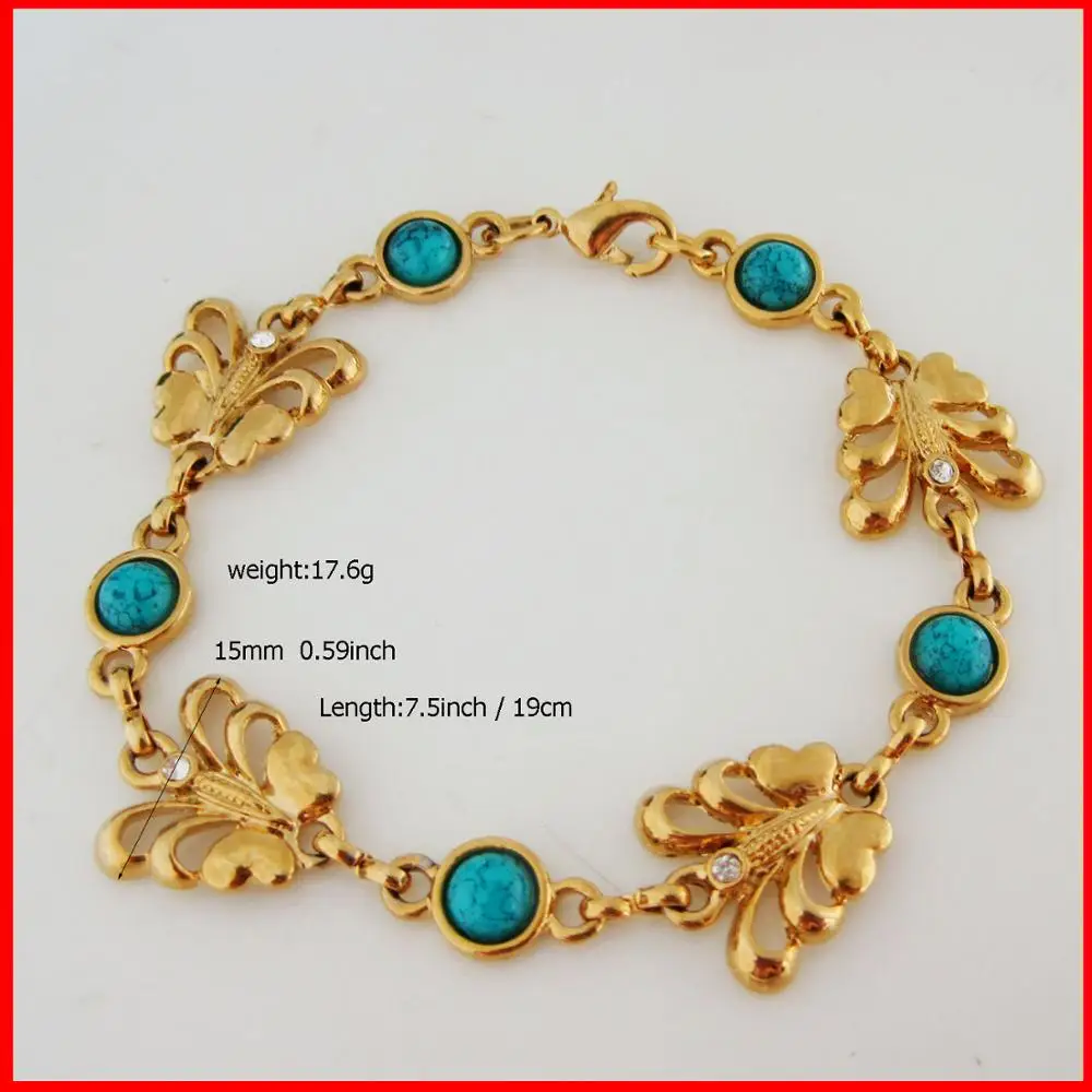 

FOROMANCE/ 7.5" LADY - YELLOW GOLD GP OVERLAY BUTTERFLY SHAPED LINKS AND BLUE STONE BEADS BRACELET WIDTH 15MM