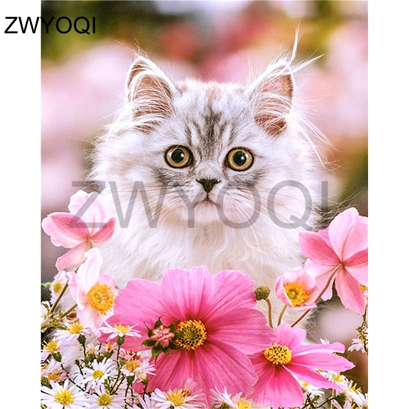 DIY-Round-Diamond-Painting-Decorative-Rhinestone-Mosaic-5D-Cross-Stitch-Diamond-embroidery-Cute-Kitten-With-Flowers