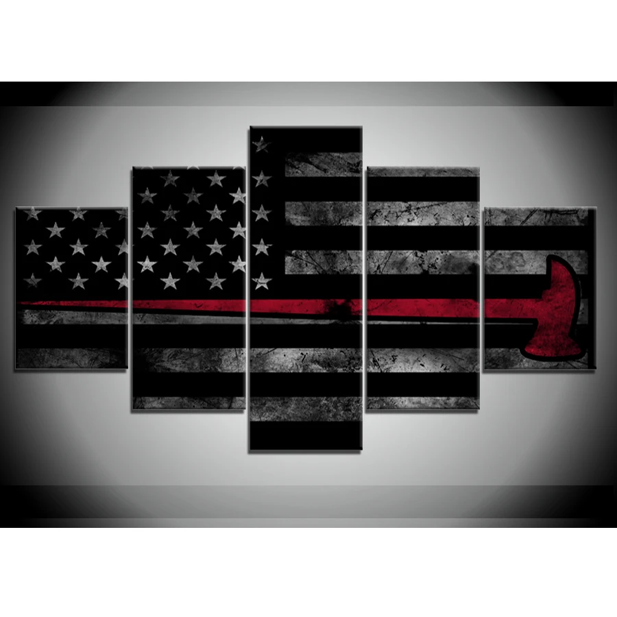 5 Panels Canvas Prints Abstract Thin Red Line Axe USA Flag canvas