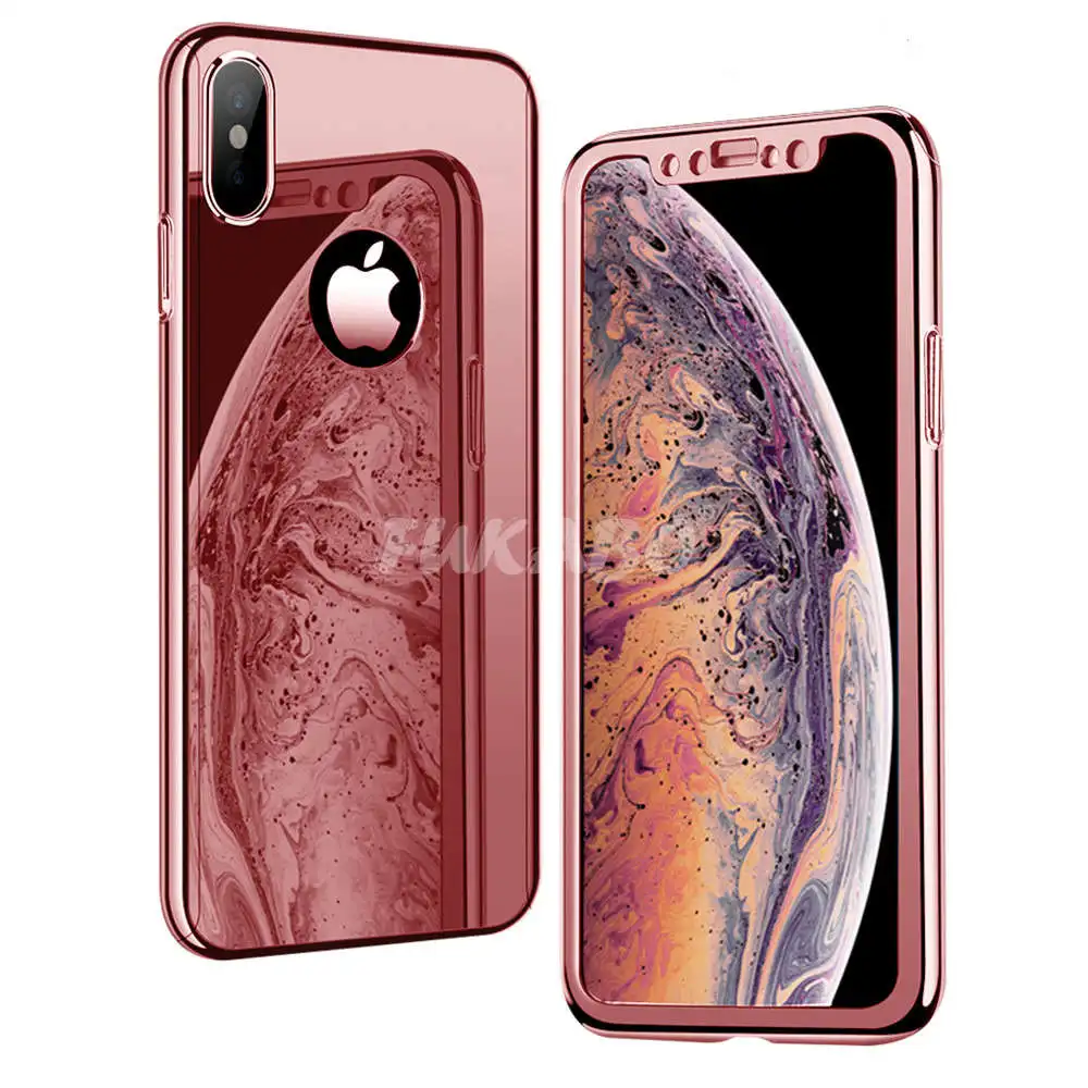 Покрытие 360 Полное покрытие для Apple iphone 7 iphone X Xr Xs Max зеркальный чехол для телефона для iphone 7 8 6 6S Plus блестящая Капа со стеклом - Цвет: Rose gold