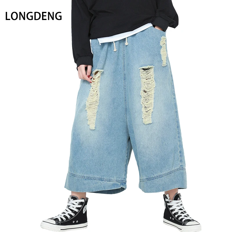 [LONGDENG] 2018 High Elastic Waist Light Blue Denim Holes Plus Size Women Wide Leg Pants Jeans Casual Trousers Fashion 18-3151 | Женская