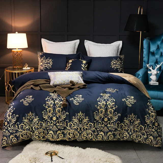 4/8pcs Navy Blue luxury Golden Royal Embroidery Egyptian cotton Bedding