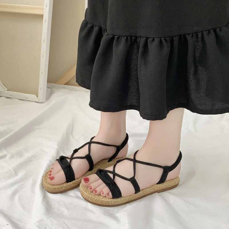 Sandals Straps All-Match Black Shoes For Women Cross Slippers 2019 Women's Crocs-shoes Lace Up Sandals Beige Velvet Low Fashion