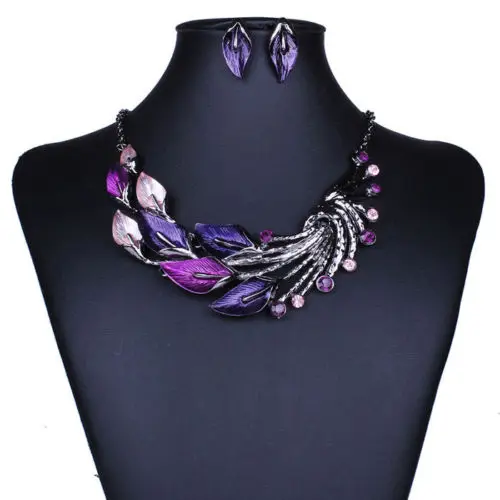 

Elegant Women Lady Purple Peacock Enamel Bib Necklace Stud Earrings Set