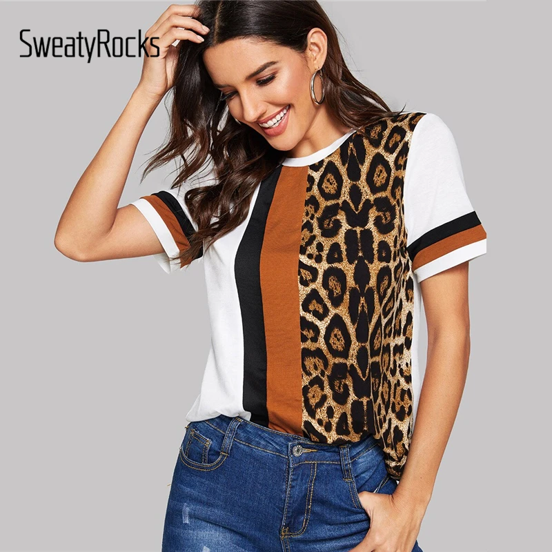 SweatyRocks, цветная футболка с леопардовым принтом для женщин, уличная футболка для женщин,, летние топы для девушек, короткий рукав, повседневные футболки