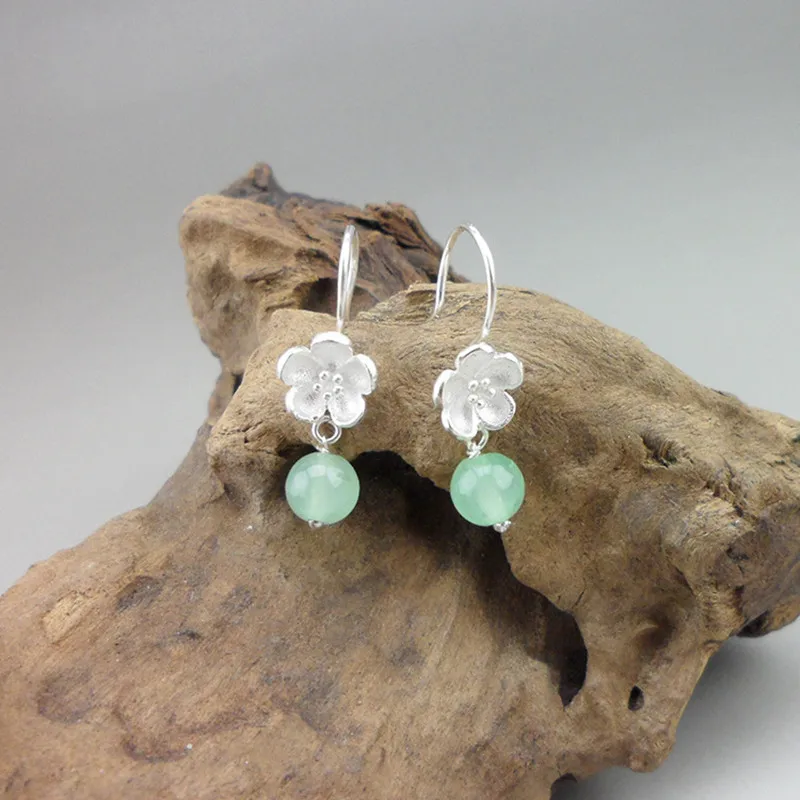 

Green Beads Drop Small Earings Women Fashion Jewelry Cute Romantic 999 Sterling Silver Earrings With Flowers Girls Gifts
