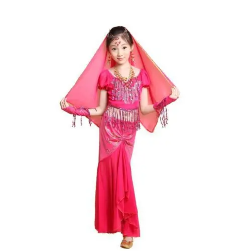 2015 KIDs Girl Belly Dance Costumes Set 4PCS Professional Child Performing maxi Skirt Vestido Bollywood Indian
