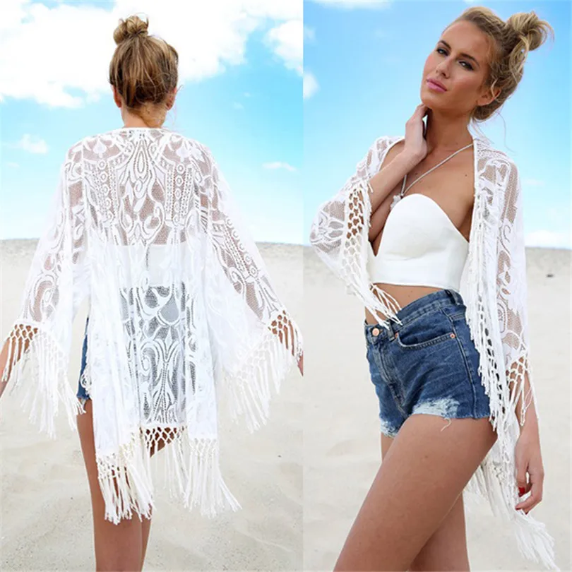 

2017 White Sexy Women Lace Crochet Tassel Bikini Swimwear Cover Up Woman Beach Dress Bathing Suit Beach Swimwear cover up