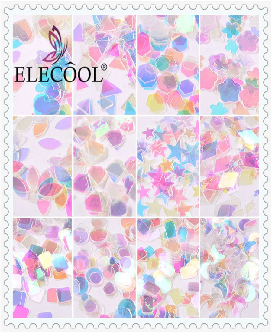 

ELECOOL 12 Grid Holographic Mermaid Sequins Paillette Glitter Set Nails Jewelry 3D Nail Art Decorations Tool Ozdoby Do Paznokci